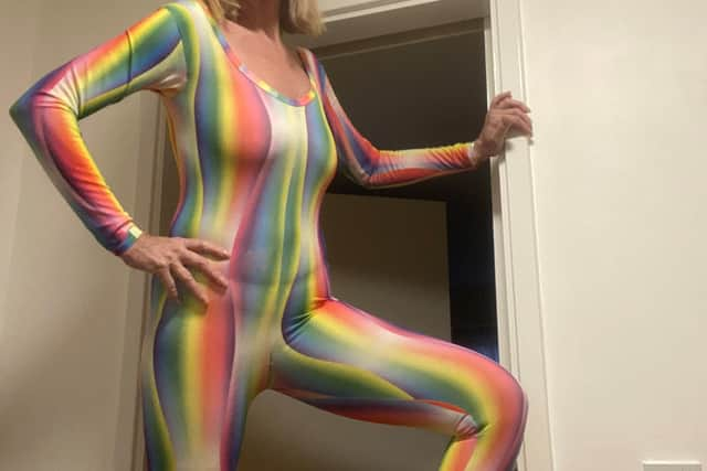 Deborah Robinson in the size 8 rainbow-coloured leotard, designed by Dame Mary Quant.